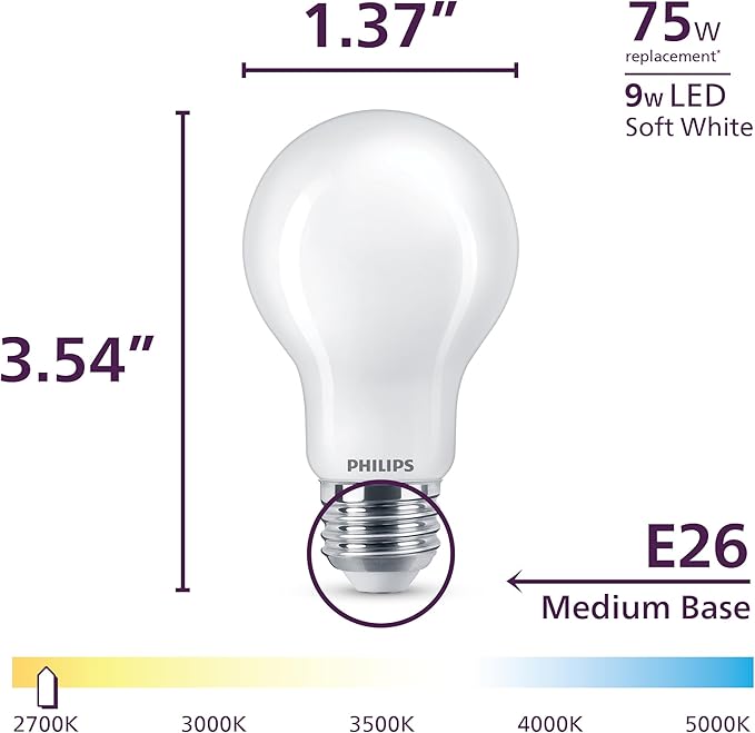 Philips LED 75W A19 8-Pack Ultra Definition Soft White (2700K) 1100 Lumen (9W = 75W) Dimmable Frosted Flicker-Free Light Bulbs