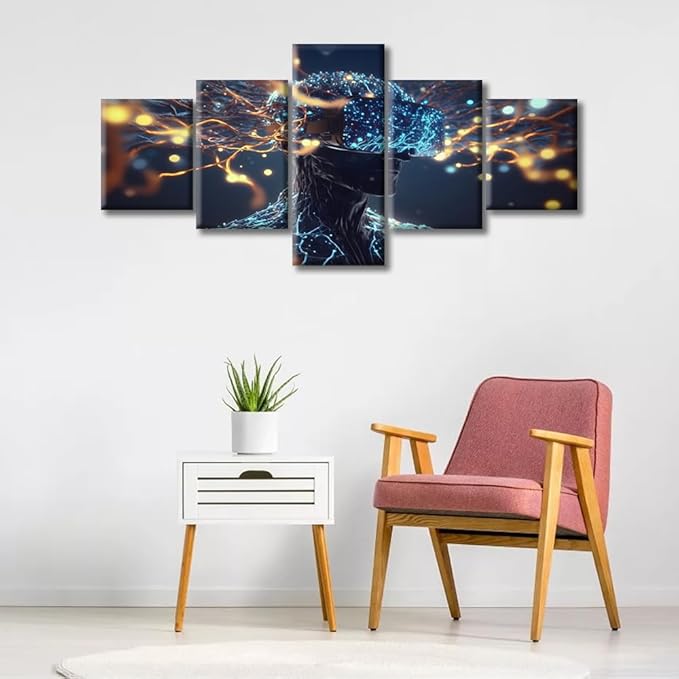Brain Neural Human Head Modern Wall Art Artificial Intelligence Technology Pictures Contemporary Artwork Print On Canvas Bedroom Wall Art for Living Room Framed Ready to Hang, (50"Wx24"H)