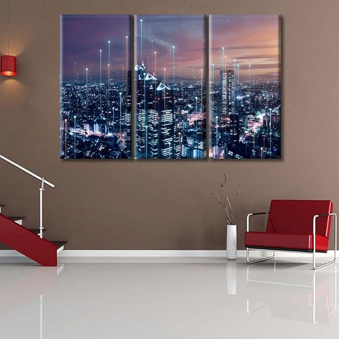 TUMOVO Modern City with Wireless Network Connection Wall Art Canvas Print 3 Pieces CPU Concept Artwork Wall Decor for Bedroom Technology Science Paintings Wall Art Framed Ready to Hang (60" Wx40 H)