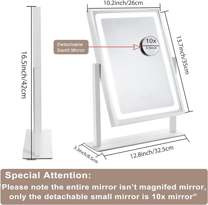 Vanity Mirror with Lights, Hollywood Makeup Mirror, Touch Control, 3 Color Lighting Modes, Dimmable, Detachable 10X Magnification Mirror, 360 Rotation (16in, White)