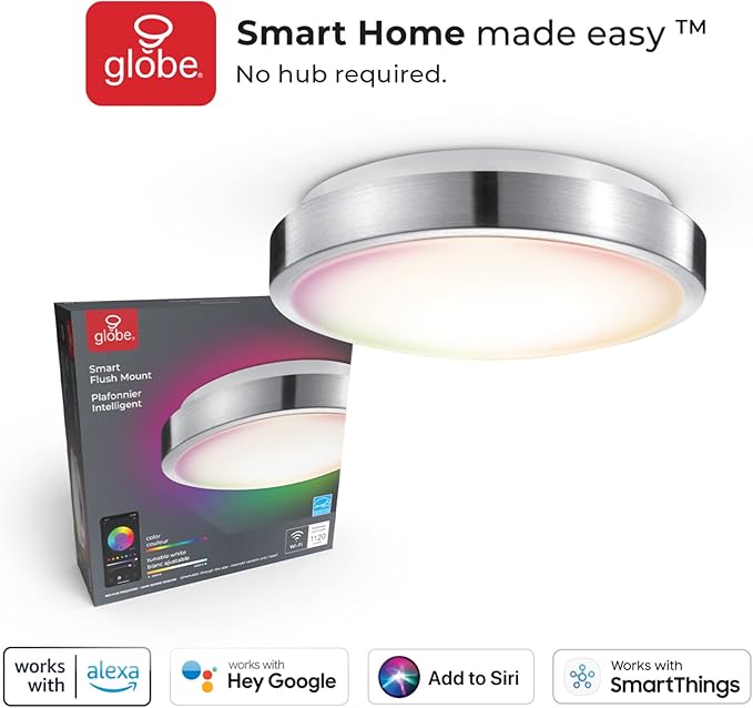 Globe Electric 60839 Wi-Fi Smart 11" Flush Mount Ceiling Light, Brushed Nickel, No Hub Required, Voice Activated, Energy Star, 16 W, Multicolor Changing RGB, White 2000K - 5000K, 1120 Lumens, 80 CRI
