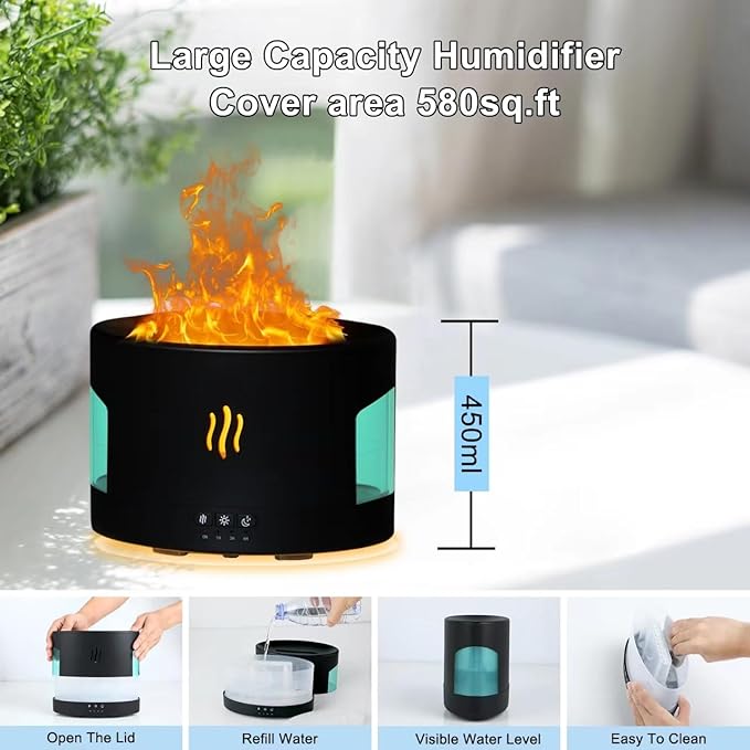 Oil Diffusers for Home large Room, 450ml Visible Water Tank, Air Diffuser Humidifier with Bluetooth Speaker, White Noise and Remote, Flame Humidifier for Bedroom,Office, 7 Colors Diffuser Gifts