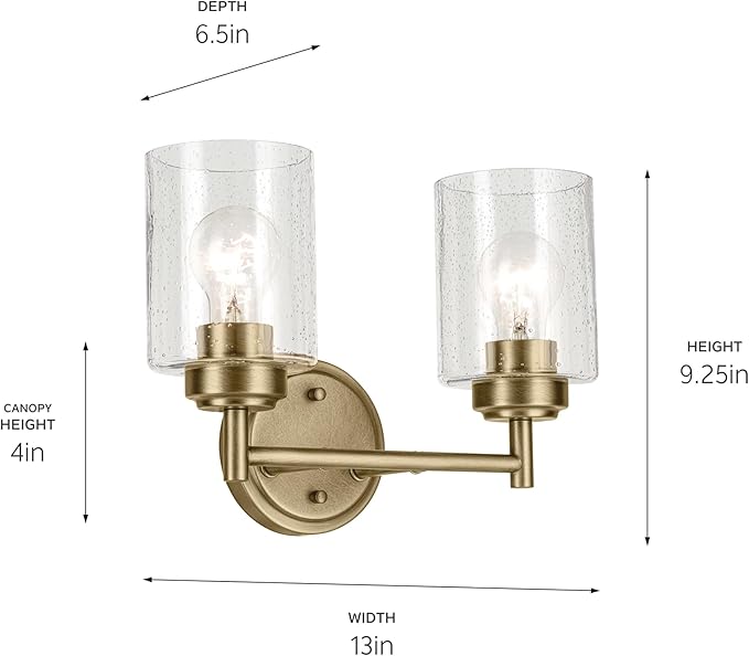 Kichler Winslow 13" 2-Light Vanity Light with Clear Seeded Glass in Natural Brass for Bathroom Vanity, Luxe Industrial, (13" x 9.25"), 45885NBR