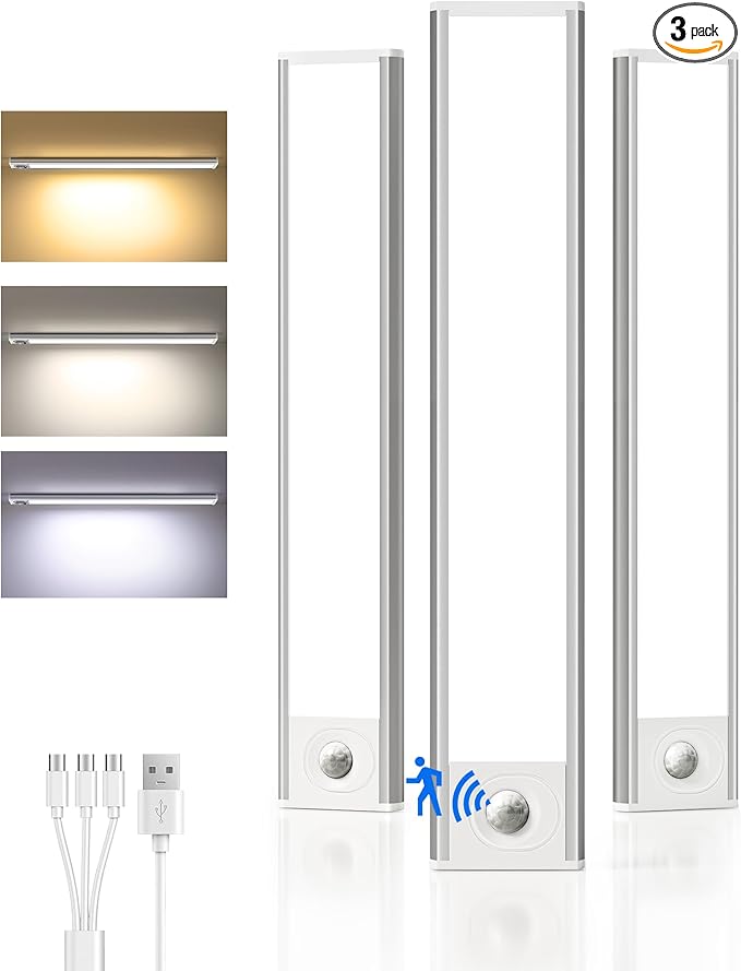 3Pack-Under Cabinet Lighting Wireless,Rechargeable Battery Motion Sensor Light Indoor,LED Closet Lights USB Charging,3 Color Dimmable Under Cabinet Lights for Kitchen, Cabinet, Wardrobe(14inch)