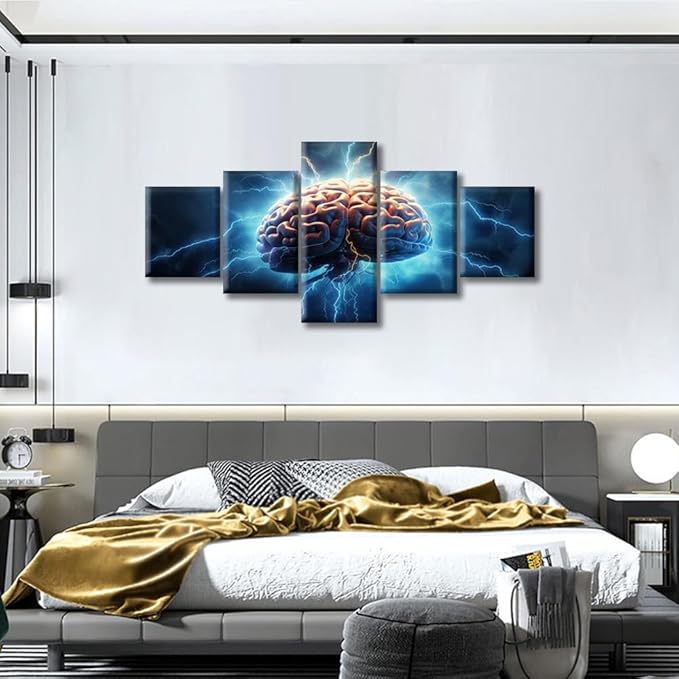 Brain Power Lightning Modern Wall Smart Brain Pictures Brainstorming Concept Contemporary Artwork Print On Canvas Bedroom Wall Art for Living Room Framed Ready to Hang, (50"Wx24"H)