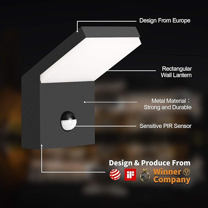 Wall Light Outdoor LED Wall Mount Lamp Wall Sconce Lighting with Motion Sensor Lantern Fixture Grey Aluminum Lights for Porch Front Door Garden Yard Patio IP54 Waterproof 18W 1800Lm 3000K