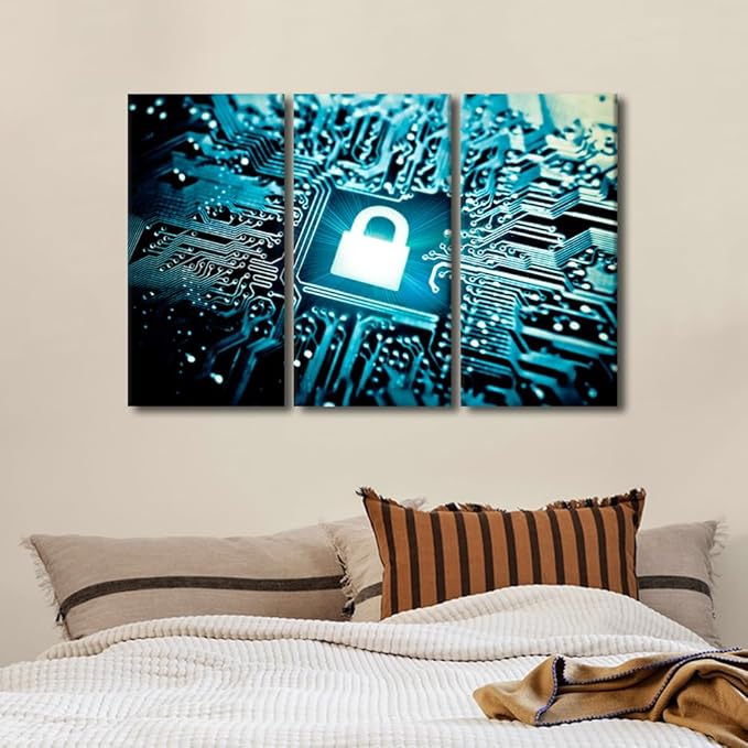 AI Intelligence Wall Art Canvas Painting Security Lock Symbol Wall Art Artwork for Home Walls AI Wall Art 3 Pieces Framed Wall Art Home Office Room Wall Decor Framed Ready to Hang, 42" Wx28 H