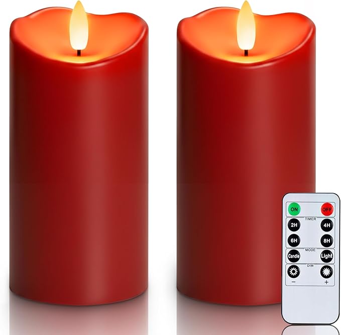 Homemory Burgundy Flameless Candles, Waterproof Flickering Candles, Outdoor Battery Operated LED Pillar Candles with Remote Timer, Electric Fake Plastic Candles, Red, Christmas Decor, 3" x 6"