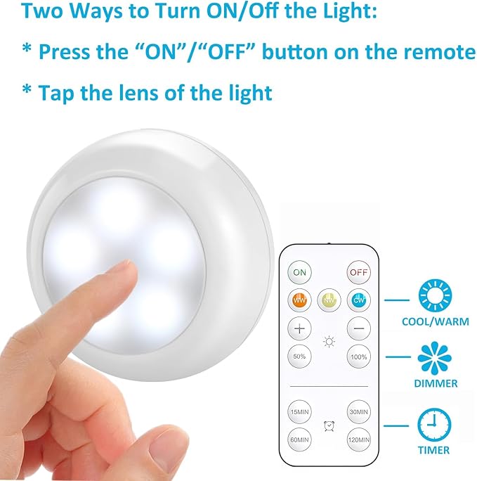 BLS Wireless LED Puck Lights with Remote Control, AA-1030 Battery Operated Lights with 3 AA Batteries, Stick on LED Under Cabinet Lighting with Timer& Dimmable, Cool White and Warm White (3 Pack)