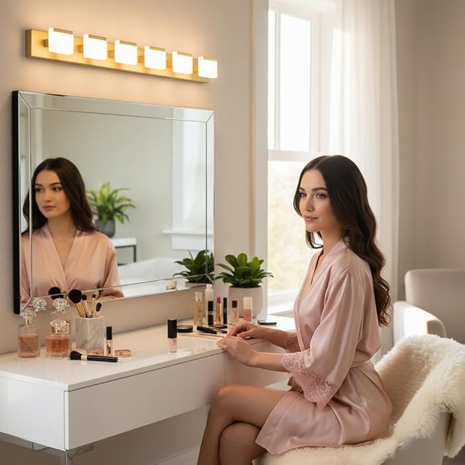 MEGAWISE Modern White LED Vanity Light, (3000K/4000K/6000K, Dimmable), Modern Waterproof Mirror Front Light for Bathroom, Makeup & Vanity Lighting (Gold, 6 Lamps)