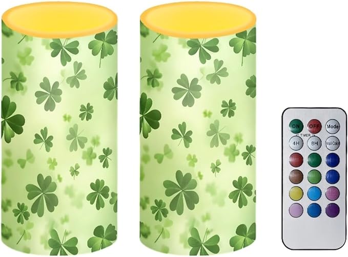 Green Leaves Candles Battery Operated Flameless Candles with Remote Fall Decorations LED Fake Candles for Home Bedroom St Patricks Day Table Decor 3 inch Set of 2
