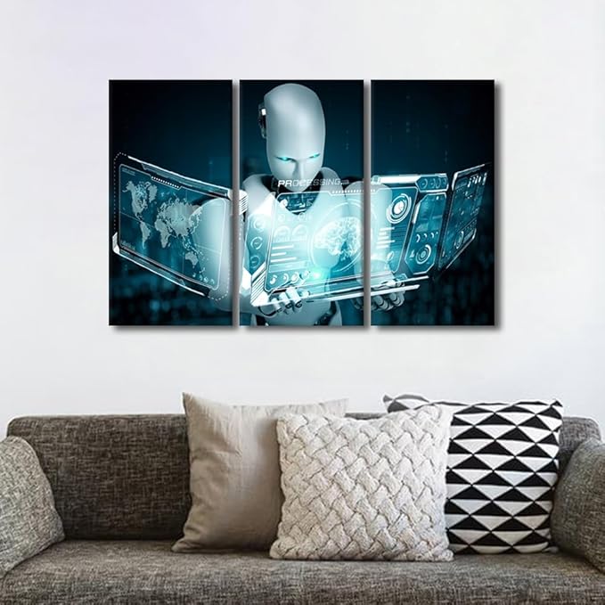 TUMOVO 3 Pieces Canvas Wall Art - Big Data Analysis Pictures for Living Room AI Intelligence Artwork Giclee for Home Decor Robot Painting Gallery-wrapped Framed Ready to Hang, 42" Wx28 H