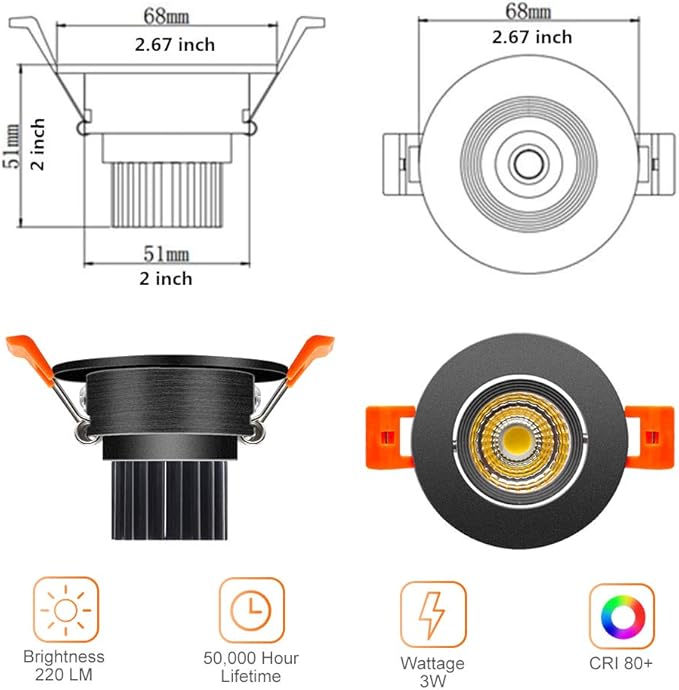 LightingWill 2inch LED Dimmable Downlight, 3W COB Recessed Ceiling Light, Natural White 4000K-4500K, CRI80, 25W Halogen Bulbs Equivalent, Black (10 Pack)