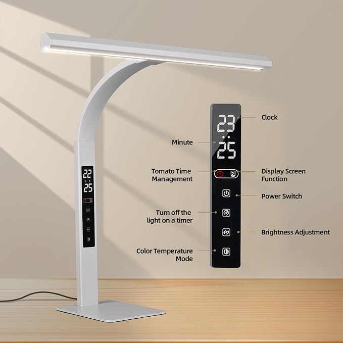 LED desk lamp for home office, architect computer work light,Touch color temperature stepless dimming and adjustable flexible gooseneck tube. desk lamp with clock , suitable for reading and studying.