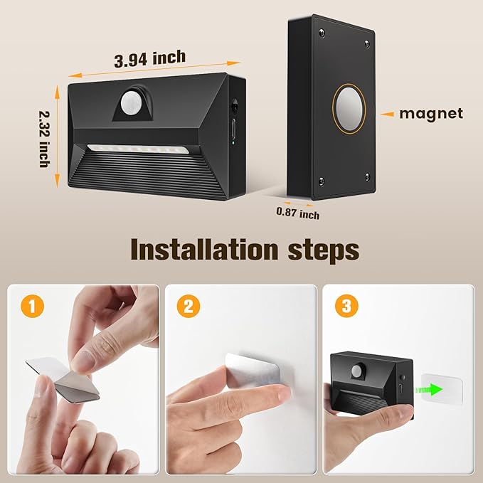 VOLISUN Motion Sensor Stair Light Rechargeable 8 Pack, Night Lights 3 Modes & 3 Color Temperatures, Magnetic Rechargeable Stick-On Lights for Stairs, Hallway, Cabinet(Black)