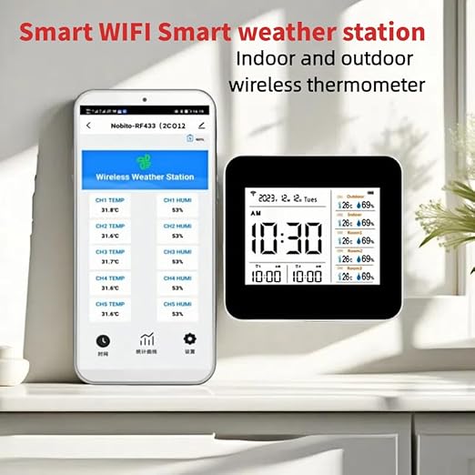 Weather Stations Wireless Indoor Outdoor Thermometer & Smart WiFi with Phone App Weather Station with Multiple sensors Temperature and Humidity Monitor & Store Data for 1 Year (2CO12 with 5 sensors)