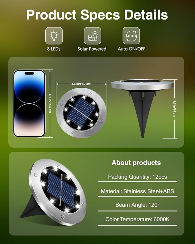 4.6 Inch Solar Ground Lights 12 Pack, Solar Lights Outdoor Waterproof, Solar Garden Lights Outdoor Landscape Lighting for Pathway Walkway Patio Yard Driveway, Cool White
