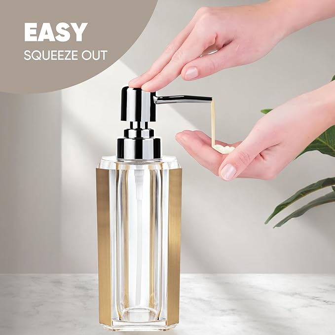 4-Piece Gold Bathroom Accessories Set — Soap Dispenser, Soap Dish, Mouthwash Cup & Toothbrush Holder, Acrylic with Brushed Gold Accent, Luxury Bathroom Vanity Countertop Organizer for Home