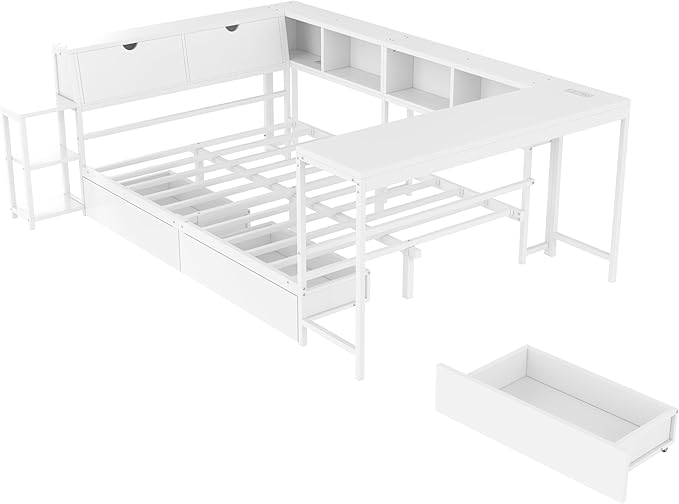 Queen Corner Bed Frame with Desk, LED Lights & Charging Ports, L-Shaped Daybed with Storage Drawers, Bookcase & Open Shelves, Modern Full Size Daybed for Kids, Teens & Compact Bedrooms,White