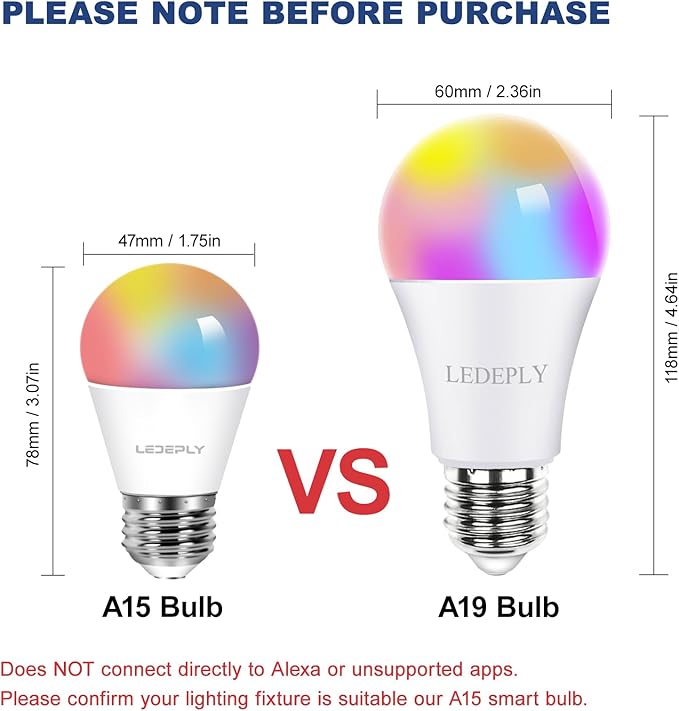 5W=40W, A15 Smart Bulb, Compatible with Alexa, Google Home, E26, Color Changing, Dimmable LED WiFi Light Bulbs, No Hub Required, 2.4GHZ WiFi Only, 400lm, 1 Pack