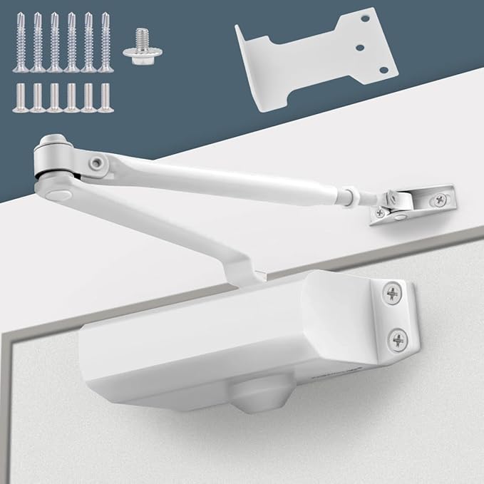 White Automatic Door Closer for Home with Hold Open, Hydraulic Soft Close Door Closers for Residential, Door Slow Closer No Slam, Adjustable Closing Speed, Spring Size 2, for Indoor and Exterior Door
