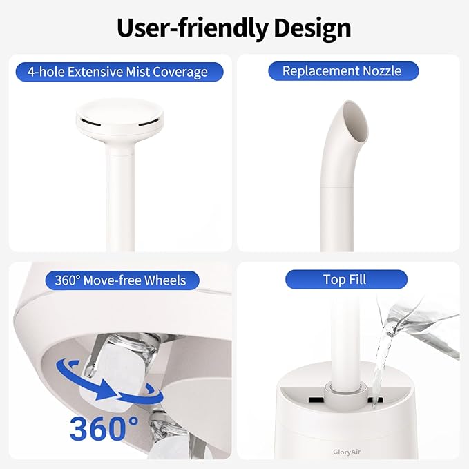Humidifier Large Room - GloryAir 6.3Gal/24L 4X Atomizers Top Fill Whole House Large Cool Mist Quite Humidifiers 1500mL/h for Home Bedroom 3000 ft² with Auto Mode for Commercial Office Plants
