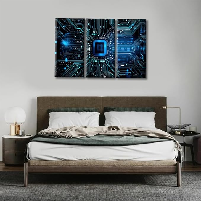 Artificial Intelligence Concept Wall Art Blue Circuit Board Pictures Bedroom Living Room 3 Piece Framed Modern Pictures Canvas Prints Artwork for Wall Decor Bathroom Office Decorations, (36"Wx24"H)