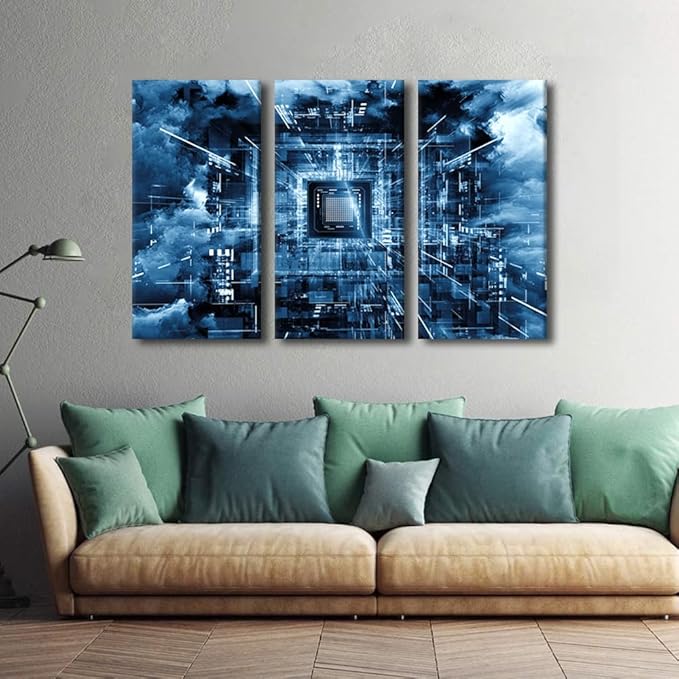 3 Pieces Canvas Prints Wall Art CPU Concept Modern House Decor Computer Chip Poster Canvas Wall Art Electronic PC Living Room Bedroom Decoration Artwork Painting Framed Ready to Hang(24"Wx36"H)