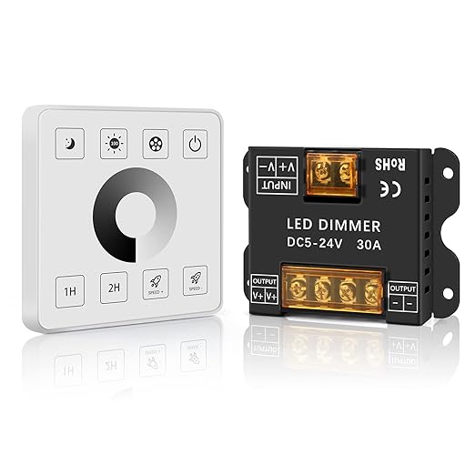 RGBZONE LED Light Strip Dimmer, RF Wireless Remote Control, Dimmable Wall Dimmer, Suitable for Single Color LED Strips, DC5V/12V/24V 30A Single Channel Dimming Controller