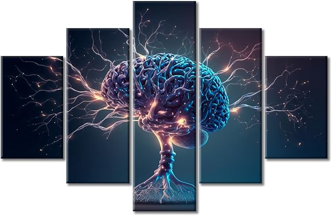 5 Piece Brain Wall Pictures for Living Room Human Brain Painting on Canvas Wall Decor Art Neuronal Impulses Bedroom Wall Art Framed Ready to Hang, (60"Wx40"H)