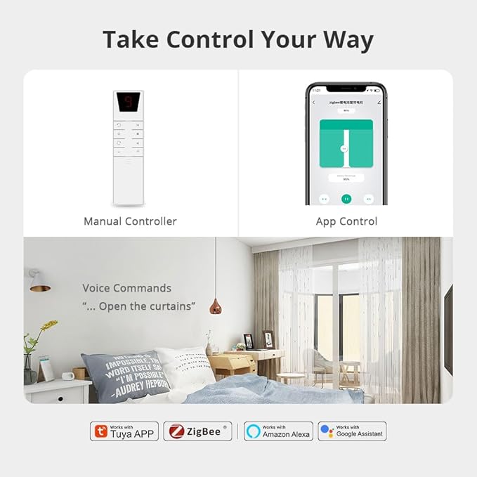 Tuya Zigbee Smart Curtain Motor with Motorized Curtain Track, Built-in Battery Electric Curtains, App & Voice Control Compatible with Alexa/Google Home, RF Remote Control Included (8.1m(318.9inch))