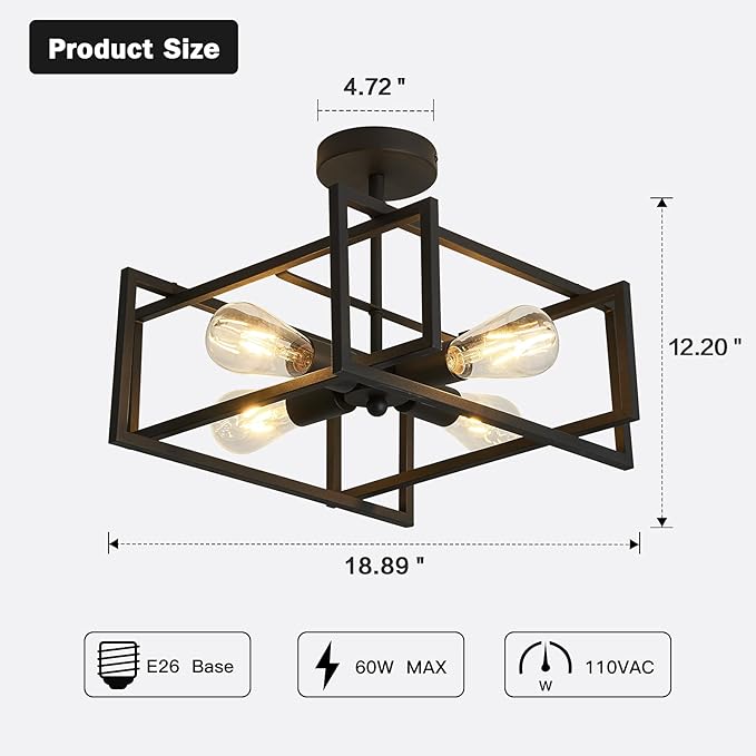 ZGLAOJT 4-Lights Close to Ceiling Light，Black Light Fixture Industrial Flush Mount Ceiling Light ，Farmhouse Chandelier Lighting for Kitchen Island Dining Room Bedroom Foyer Hallway