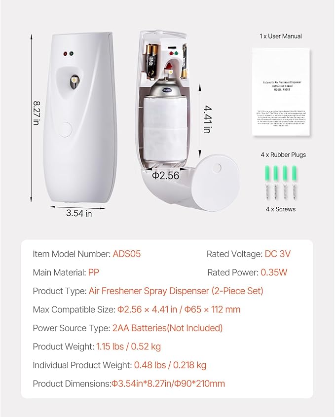 Happybuy Automatic Air Freshener Spray Dispenser (2 - Pack), Wall - Mountable or Freestanding, Battery - Powered, with Multiple Time Settings for Home, Indoor Spaces like Bathrooms, White