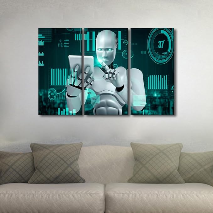 TUMOVO Robot Painting Pictures for Living Room Big Data Analysis Canvas Artwork 3 Pieces Wall Art AI Intelligence Canvas Prints Stretched and Framed Ready to Hang Posters, 42" Wx28 H