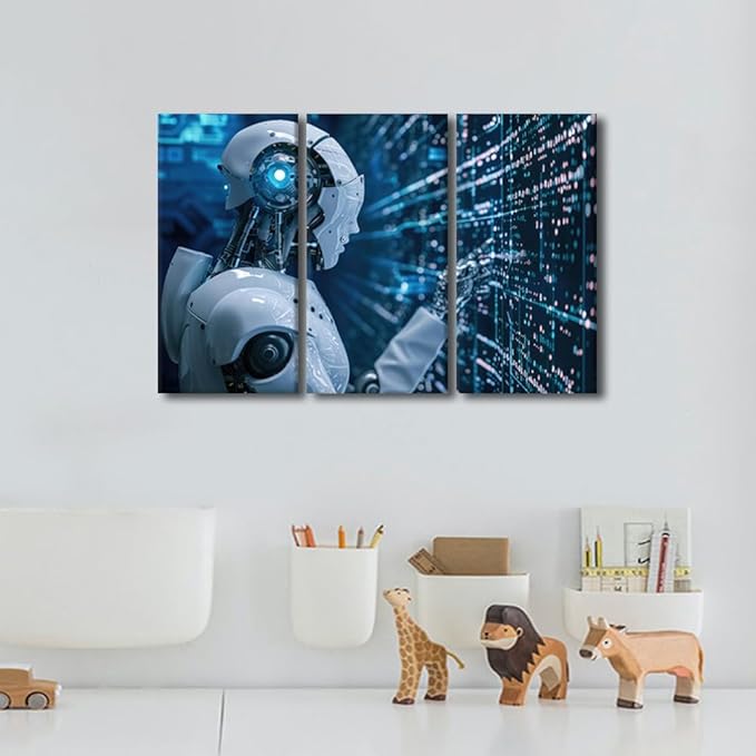 3 Panels Canvas Wall Art - Robot Canvas Wall Art Big Data Analysis Paintings Canvas Print Large Wall Decor AI Intelligence Pictures Modern Artwork for Wall Decorations Framed Ready to Hang, 36"Wx24"H