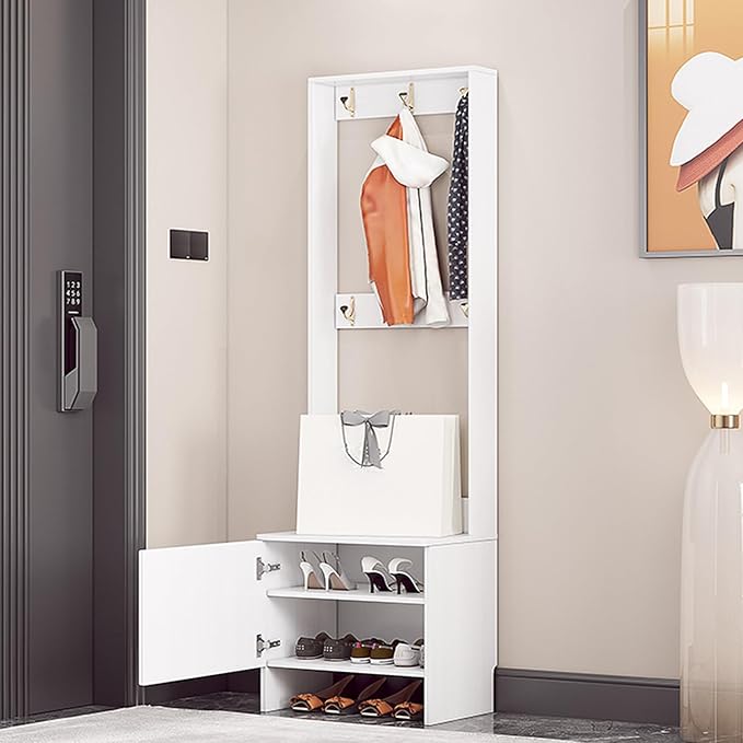 Modern Coat Rack Shoe Bench, 3 in 1 Multifunctional Entryway Organizer with Bench, Shoe Storage and Coat Rack, Entryway Organizer for Small Spaces(White,70cm/28in)