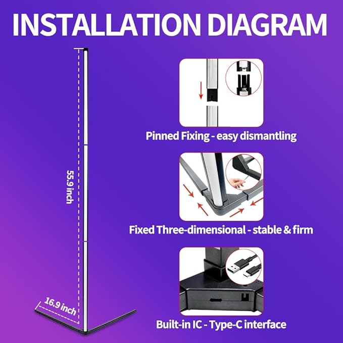 Corner Floor Lamp, 56-in Smart RGB LED Corner Lamp with App & Remote Control, 16 Million Colors Changing LED Floor Lamp with Music Sync, DIY Mode & Timing, Ideal for Bedroom, Living Room & Gaming Room