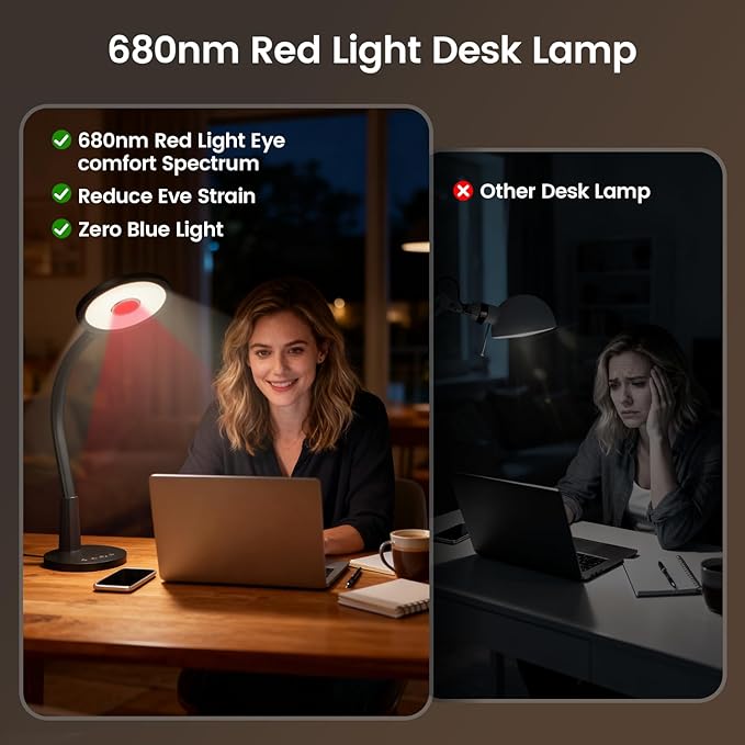 Glendan Desk Lamp for Home Office: Eye-Caring LED Red Light Desk Lamp, 10 Brightness & Flexible Gooseneck, Dimmable Desk Light with Memory & Timer, Table Lamp for Study, Bedroom