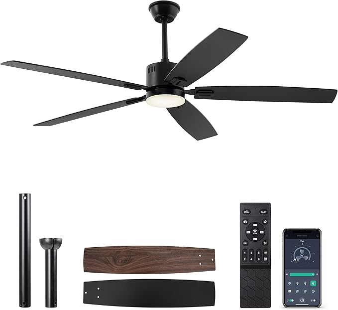SUNMORY 62" Ceiling Fans with Lights and Remote/APP Control, Low Profile Ceiling Fan with Light, Reversible, Quiet 6 Speeds, Stepless Dimmable, Flush Mount Ceiling Fan for Bedroom Indoor/Outdoor Use