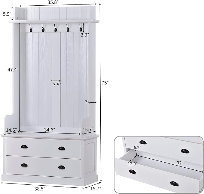 RUNNA Wooden 38.5" Wide Hall Tree with Coat Rack and 2 Large Drawers,Bench,5 Metal Hooks and Handles,For Livingroom Hallway Entryway Use (White@Drawers)
