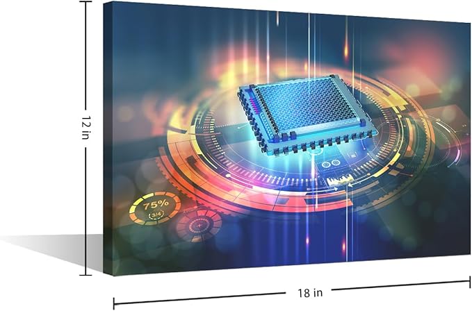 House Decorations Digital Cyber Space Wall Pictures for Living Room CPU Concept Canvas Wall Art Internet Concept Modern Wall Painting 1 Panel Prints Wall Art on Canvas Framed Ready to Hang, 18x12in