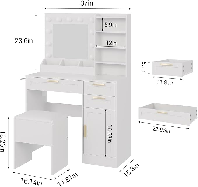 Makeup Vanity with Mirror and Lights, 37" Small Vanity Desk with Power Outlet, 3 Colors & Adjustable Brightness, White Vanity Set with 3 Drawers, Cabinet & Cushioned Chair