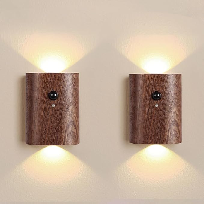 LANDGOO 2-Pack Wood Step Light with Motion Sensor, Rechargeable Stair Night Light Set, Sapele Wood 2700K Warm White LED Wall Lamps, Easy No-Wire Installation for Hallway Bedroom Staircase