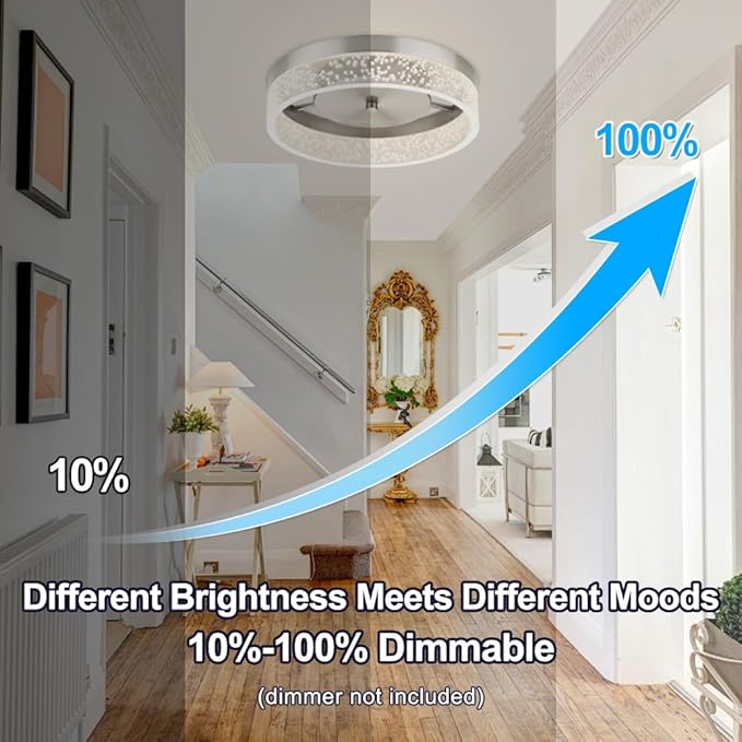 LED Flush Mount Ceiling Light Fixture, 12In Crystal Chandelier with Clear Bubble Acrylic, Modern Ceiling Lighting for Dining Room, Bedroom, Living Room, Kitchen, Brushed Nickel, 4000K Dimmable