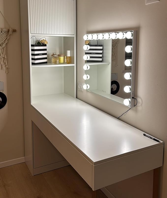 Kottova Vanity Mirror with Lights, Lighted Makeup Mirror with 18 Dimmable LED Bulbs, Hollywood Mirror, 3 Color Lightings, USB Charging Port Touch Control, Metal Frame（27.5" x 21.6"）
