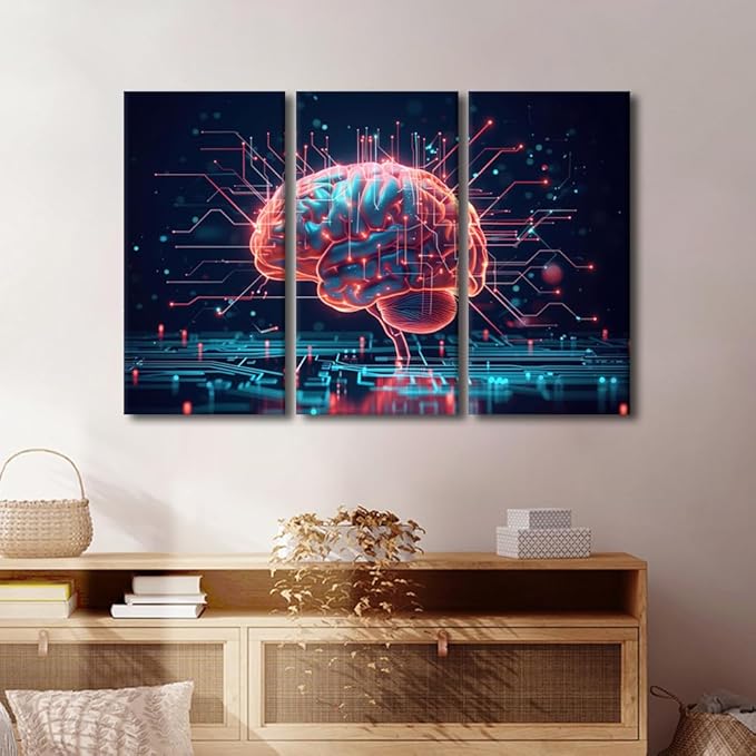 Framed Wall Art 3 Piece AI Brain Cloud Networking Posters and Prints for Bedroom Living Room Wall Decoration, Business and Technology Artwork Gallery-Wrapped Ready to Hang, 60" Wx40 H