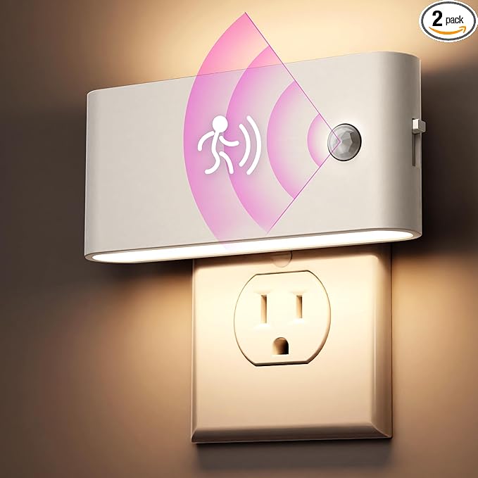 Briignite LED Night Light Motion Sensor 2 Pack, Night Lights Plug into Wall, Auto On Off, 0-100LM Dimmable Night Light Plug in, 3000K Warm White LED Nightlight for Kids Bedroom Hallway