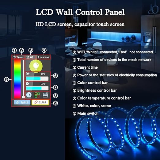 LANBON L8 LCD Smart Light Strip Switch, with 32.8FT LED Strip Lights, 2.4G WiFi Wall Touchscreen Switch Support to DIY Brightness/Colors, Compatible with Alexa/Google Home, APP Remote Control, L8-HLS