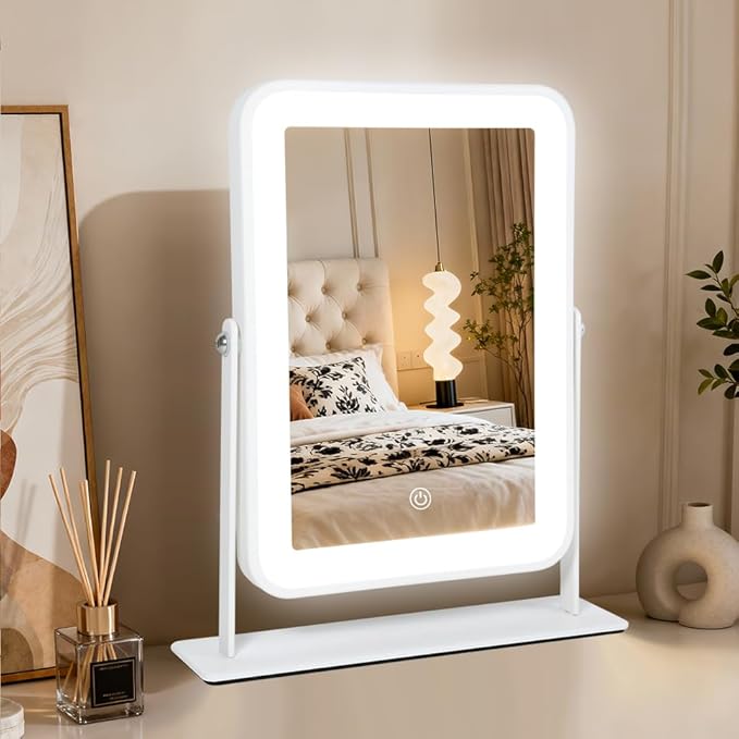 Small Desk Mirror with Lights, Lighted Makeup Mirror with Light, Portable Tabletop Make Up Mirror for Desk, Vanity Mirror with Lights,Smart Touch Control, Dual Power Supply, 360°Rotation