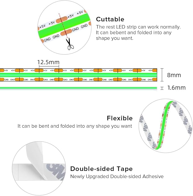 BTF-LIGHTING FCOB COB FOB LED Strip Lights 5V USB Powered 9.8FT 960LEDs Green Color 8mm Width Dimmable CRI 90+ with 3M Tape Flexible High Density for 3D Printer TV Backlight PC DIY Decor